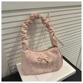 Chic light pink pleated shoulder bag with gold bow detail and cloud handle - Pink 9091