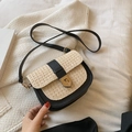 Beige straw woven saddle bag with black trim and golden geometric metal buckle - Black