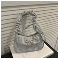 Silver wrinkled underarm bag with metallic texture and a golden bow accent - Silver 9091