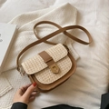 Summer straw saddle bag in cream and brown leather with adjustable shoulder strap - Brown