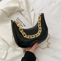 Glossy black hobo bag with crocodile texture and chunky gold chain strap for women - Black