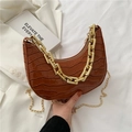 Brown crocodile pattern crescent bag with chunky gold chain strap and sleek hobo shape - Dark Brown