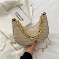 Chic cream crocodile pattern crescent bag with chunky gold chain strap for women - Off White