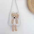 Cream canvas tote bag with 3D teddy bear plush design and long shoulder straps - White