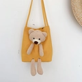 Yellow canvas shoulder tote bag with a 3D plush teddy bear mascot for women - Yellow