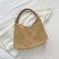 Minimalist khaki woven straw shoulder bag with mesh knit and smooth strap in boho style - Khaki