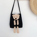 Black canvas shoulder bag with a cute 3D plush bear decorative pendant for women - Black