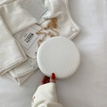 Mini round white chain bag with vertical stripes and golden metal shoulder strap - White