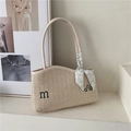 Beige woven straw shoulder bag with green floral scarf and slim round handles - Off White