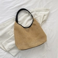 Beige woven hobo straw shoulder bag with black leather handle for summer beach use - Black