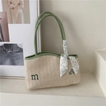 Beige woven straw shoulder bag with green leather trim, MQ embroidery and floral scarf - Green