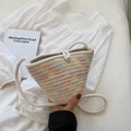 Handmade woven bucket bag with colorful zigzag stitching and a pearl button closure - Off White