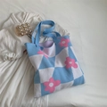 Sac fourre-tout en tricot à carreaux bleu et blanc avec motifs floraux roses - Bleu