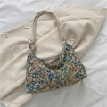 Retro floral tote bag with blue flower jacquard patterns on off-white fabric - Blue