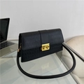 Black crocodile embossed square handbag with premium gold buckle and thick shoulder strap - Black