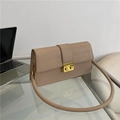 Khaki crocodile pattern square shoulder bag with gold metal twist lock closure - Khaki