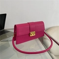 Fuchsia crocodile embossed rectangular bag with gold buckle and thick shoulder strap - Rose Red