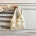 Chic beige tote bag with unique bubble popcorn texture and flexible fabric handles - Off White