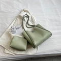 Bean green minimalist tote bag set with matching zipper pouch in soft matte leather - Green