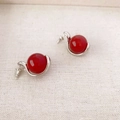 French vintage agate stud earrings with 925 silver needles and red spherical stones - Red Agate
