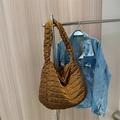 Quilted tote bag in metallic bronze brown finish with puffer square padded design - Brown