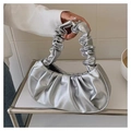 Metallic silver ruched cloud handbag with pleated handle and minimalist fashion design - Silver