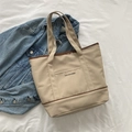 Bolso tote de lona beige minimalista con ribete de cuero marrón y asas anchas - Caqui