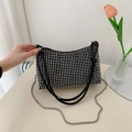 Elegant black rhinestone shoulder bag with silver crystals and metal chain strap - Silver
