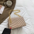 Beige quilted crossbody bag with gold chain strap and elegant V-stitch pattern - Khaki