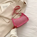 Rose pink crescent underarm bag with silver rivets and metallic chain detailing - Rose Red