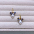 Handmade gold drop earrings featuring white pearls and blue natural crystal stone beads - Blue