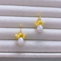 Handmade drop earrings with white pearls and yellow crystal raw stones on gold hooks - Yellow