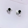 Elegant Chinese fan earrings with black bead and bamboo pattern on silver metal - Silver Fan with Black Agate