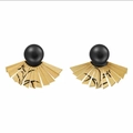 Macro detail of Chinese fan-shaped gold earrings with black pearl and ink plant pattern - Gold Fan with Black Bead