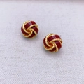Elegant gold-plated twist knot stud earrings with deep red enamel inlay on fabric - Burgundy
