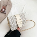 White tweed chain crossbody bag with golden accents and cream leather flap buckle - Off White