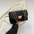 Black pleated oxford fabric crossbody bag with chunky gold chain and rectangular buckle - Black