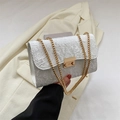 White textured pleated shoulder bag with gold chain strap and metallic clasp - White