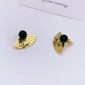 New Chinese style golden fan stud earrings with black bead and elegant ink plum pattern - Gold + Black Bead