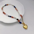 Collar vintage francés con piedras naturales, perlas y colgante de corazón dorado - Dorado (aprox. 46cm)