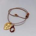 Boho Monstera leaf pendant necklace with handmade woven cord and wooden beads - Gold + Red Enamel