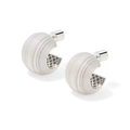 Close-up of C-shaped silver earrings with brushed texture and inner mesh detail - Small Silver
