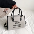 Bolso tote gris claro con estampado HELLO WEEKEND y asas de cuero negro para mujer - Gris