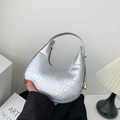 Silver hobo handbag with crocodile embossed texture and metallic finish for women - Silver