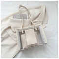 Dettaglio della borsa tote in PVC trasparente con pochette interna su un blazer - Bianco