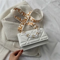 White quilted crossbody bag with stylish patterned wide strap and decorative chain - White