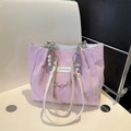 Pink lace fabric tote bag with elegant pearl charms and silver chain strap - Pink