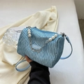 Light blue pleated cloud bag featuring pearl chain handle and fashion logo tag - Blue