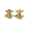 Double-layered fan-shaped gold earrings with sparkling zircon stones and brushed metal texture - Gold