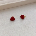 Vintage red enamel heart stud earrings with hammered gold finish for women - Glossy Red Enamel Style / Red